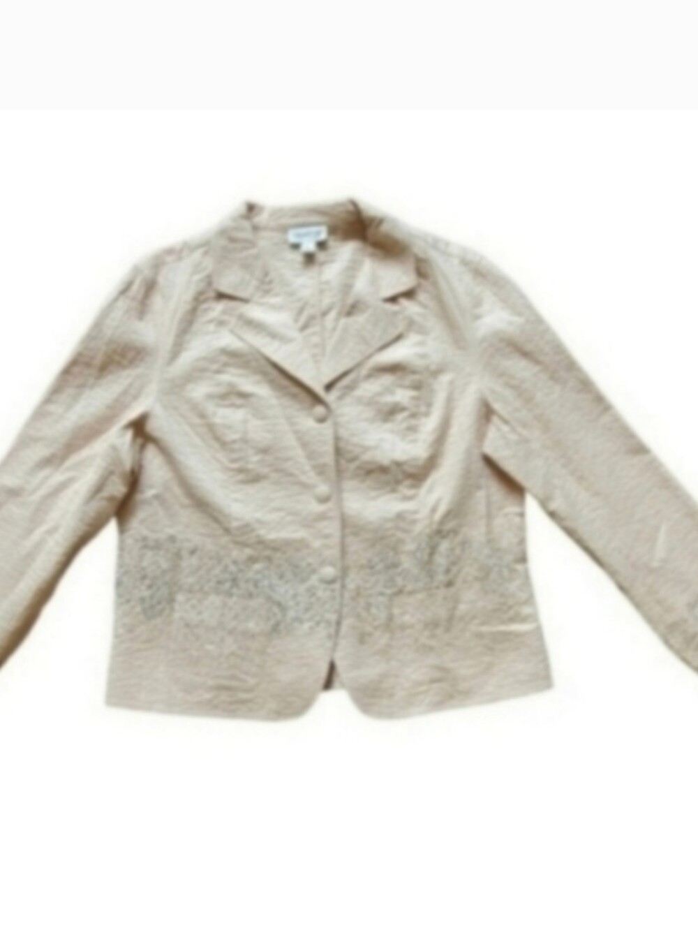 New Coldwater Creek Cotton Tan Eyelet Floral Stripe Brown Cream Coat Large - Picture 2 of 11